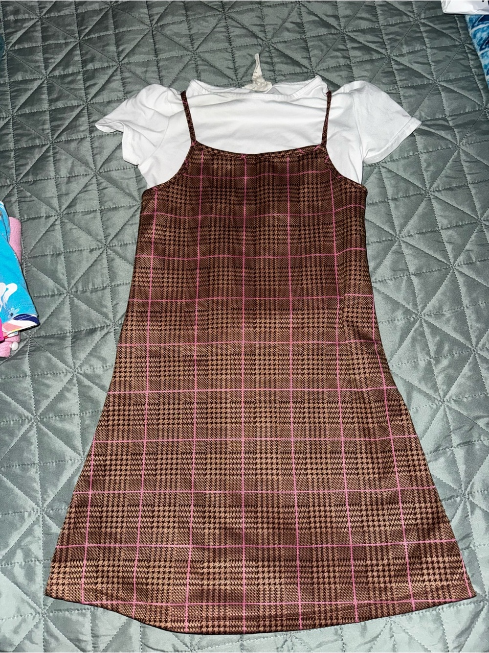 wonder nation Brown Plaid Slip Dress with Pink Windowpane